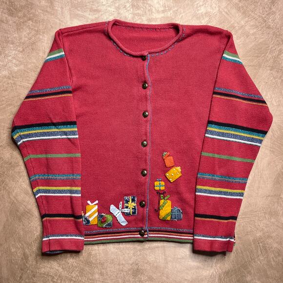 Vintage 90s Susan Bristol Patchwork Embroidered Present Sweater Cardigan Red - Picture 1 of 7